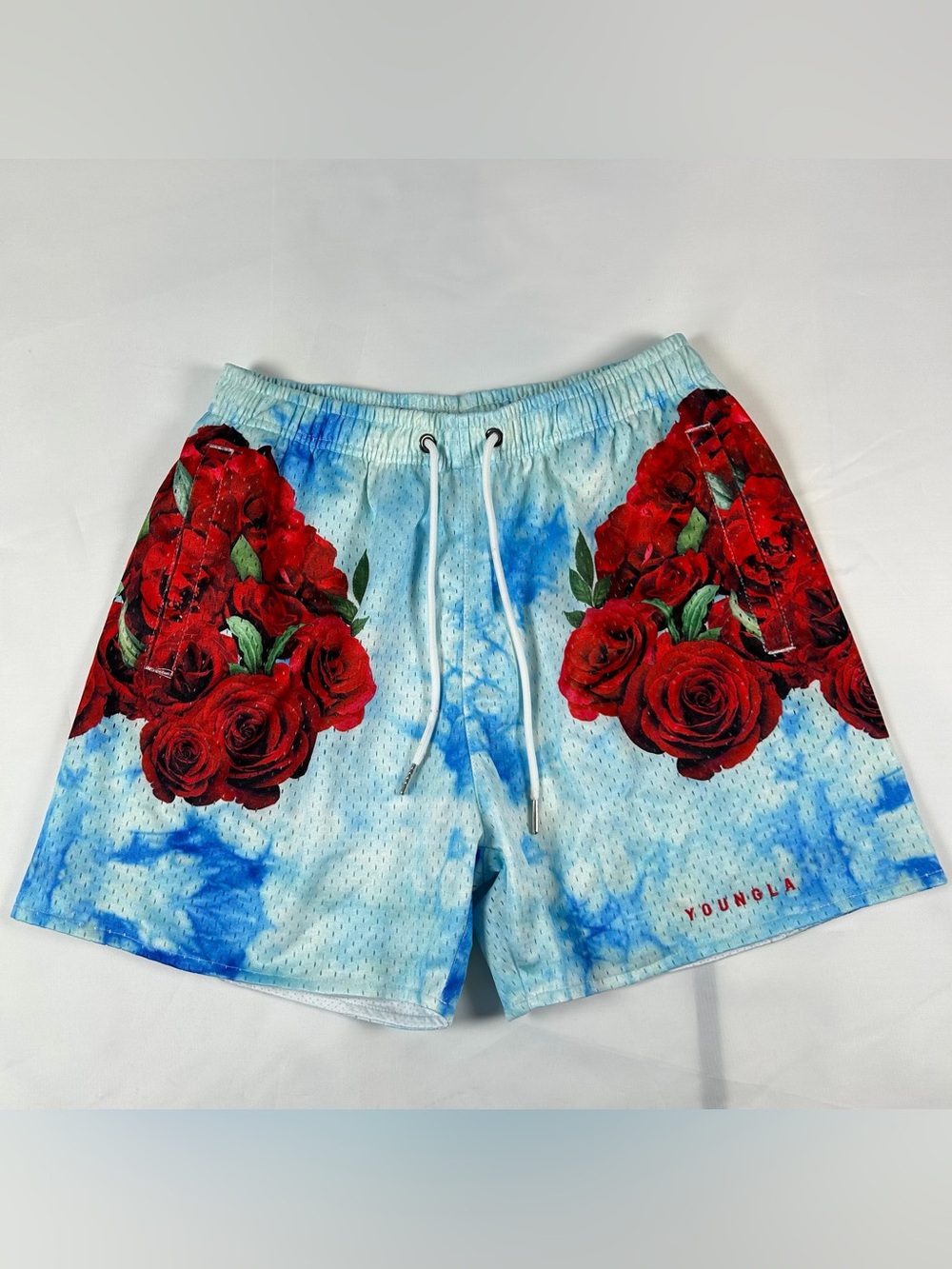 YoungLA Mesh Block Party Shorts Men's Size Medium | Sky Blue Rose Are Red Floral